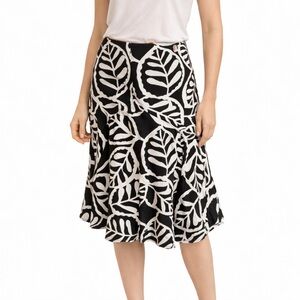Focus 2000 linen Skirt Size 12 Black White Leaf Print Lined Flare Midi